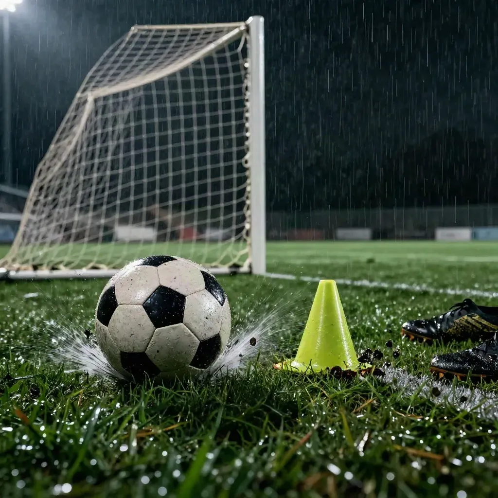 Balón mojado en un campo de fútbol junto a botas, cono y portería bajo lluvia fina.