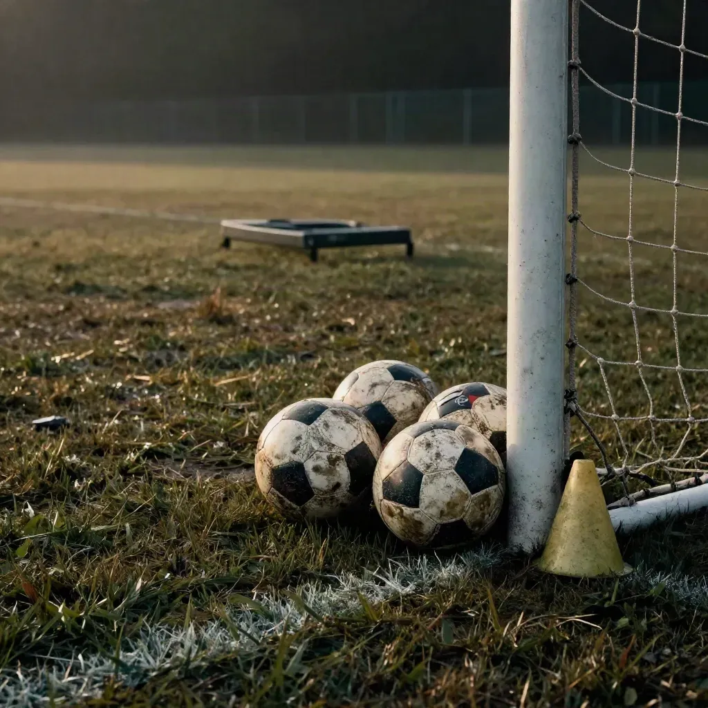 Portería de entrenamiento con tres balones gastados, un cono caído y luz fría de tarde.