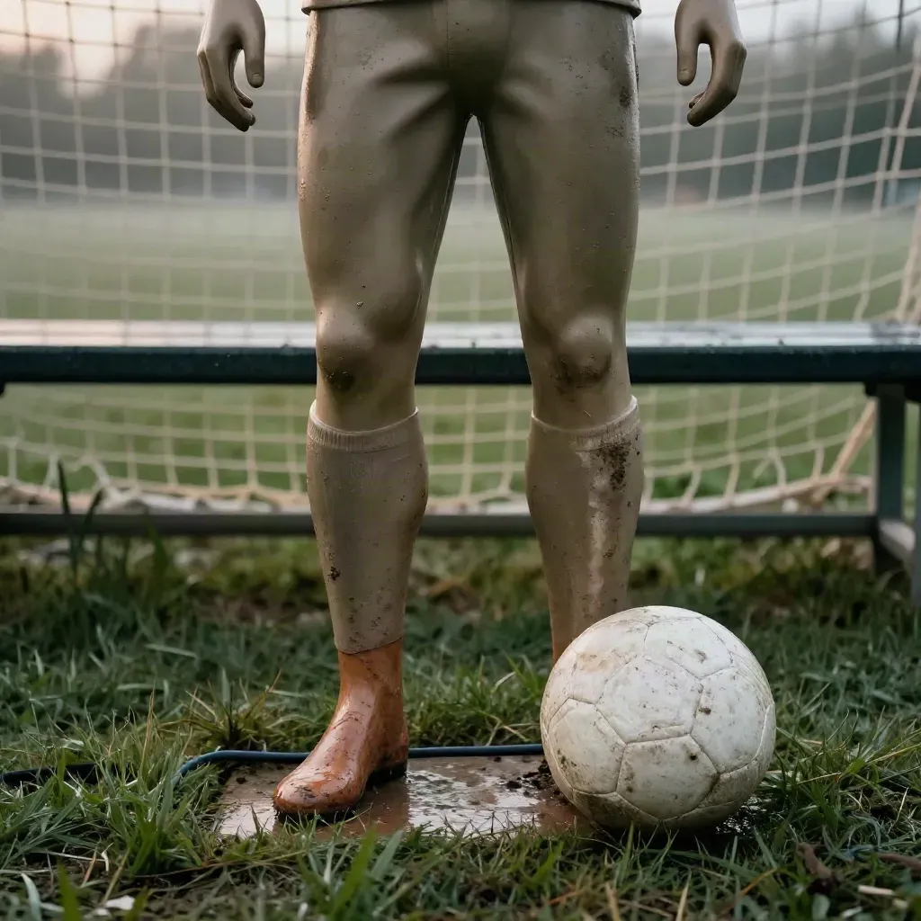Maniquí de entrenamiento de espaldas con balón pegado al costado y césped embarrado, junto a un banco y red.
