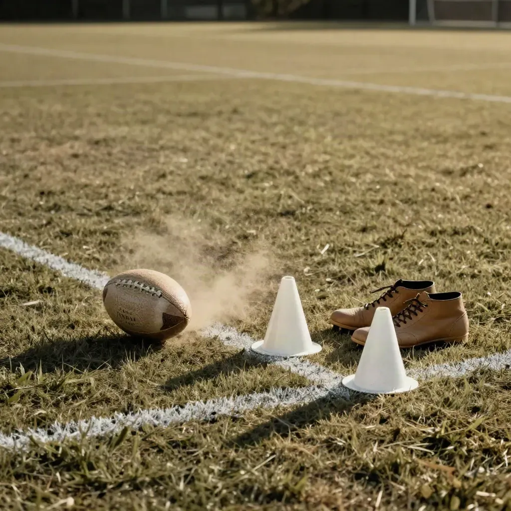 Balón, conos y botas junto al área en césped seco, con luz cálida de mediodía.