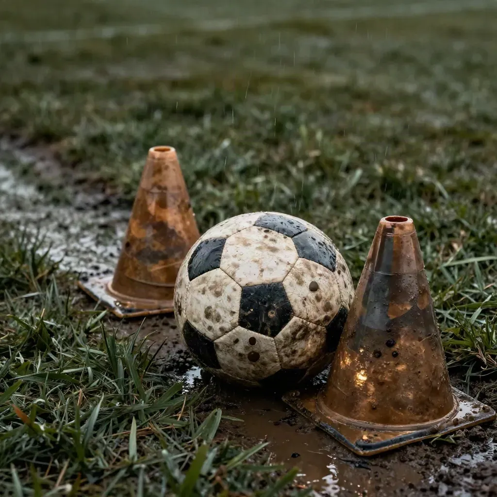 Balón atrapado entre conos caídos sobre banda embarrada bajo lluvia tenue y luz dorada.