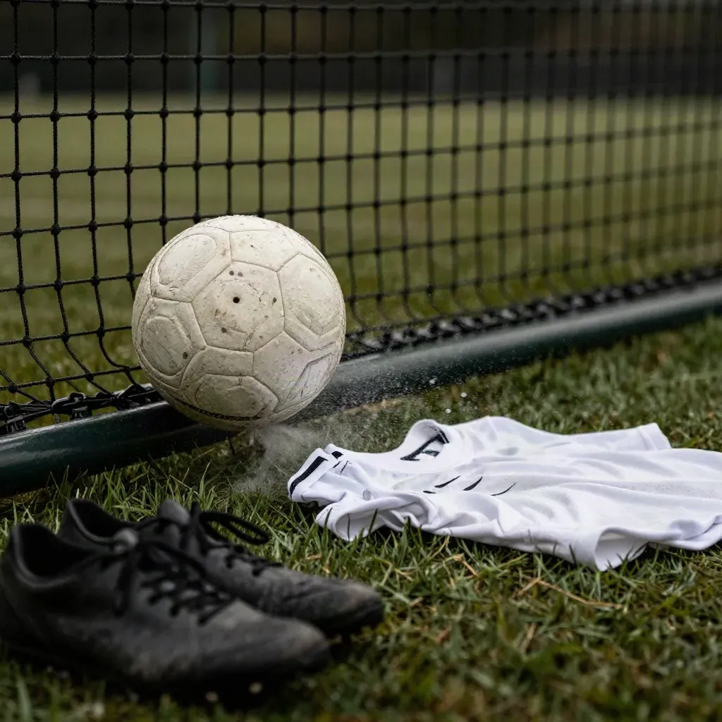 Balón golpeando una valla, con botas desenfocadas y camiseta húmeda sobre césped mojado.