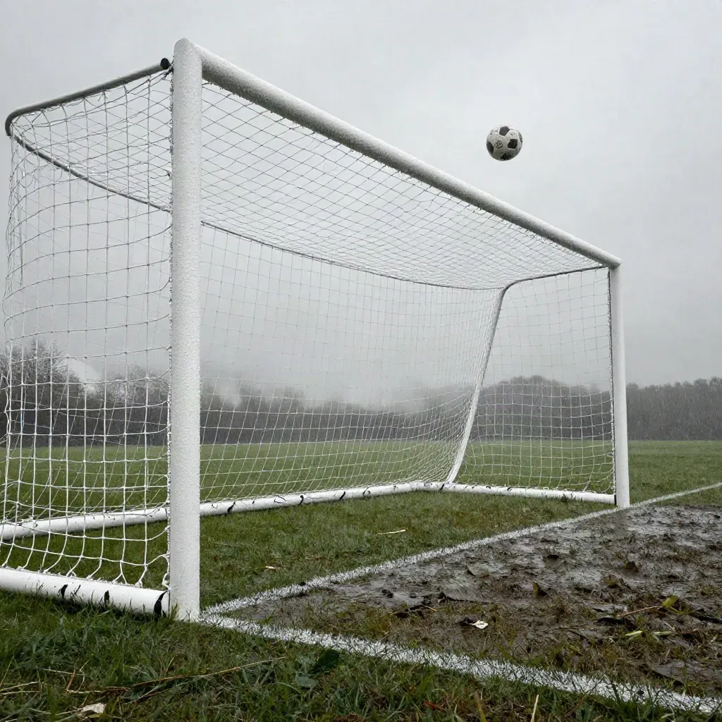 Balón sobre el segundo palo, red tensa y cielo gris en un área mojada