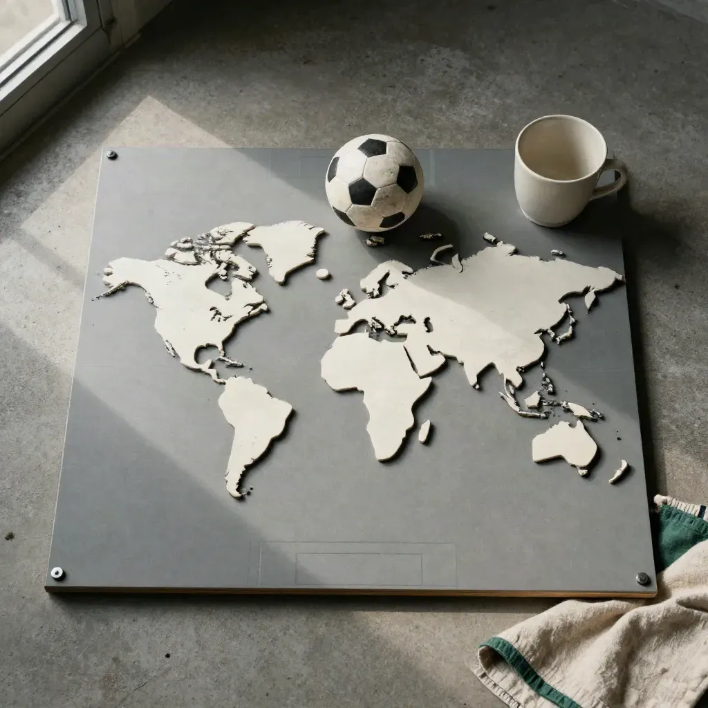 Tablero táctico con piezas, mini balón, taza y tela sobre concreto, en luz suave cenital.