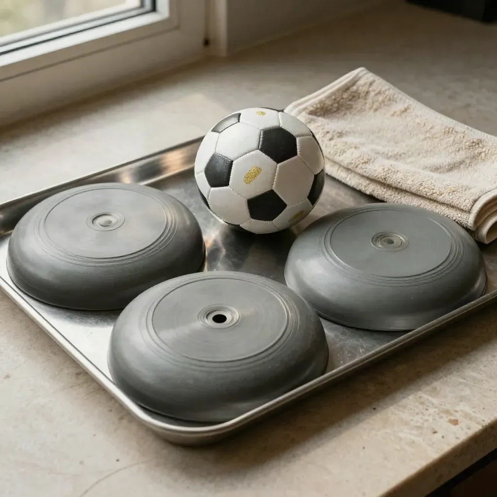 Discos de entrenamiento, balón miniatura y toalla plegada sobre bandeja metálica, con luz suave.