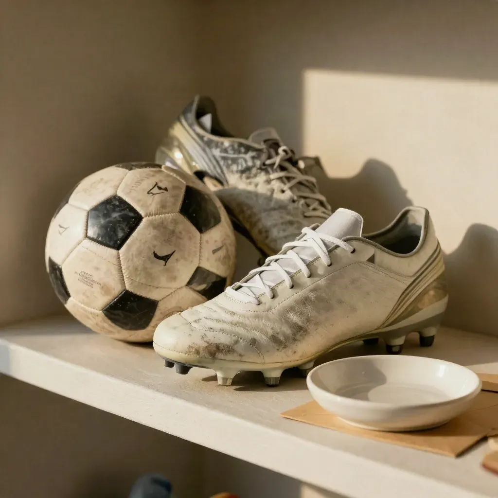 Botas juveniles, balón pequeño y sobre kraft sobre una repisa clara, con luz cálida.