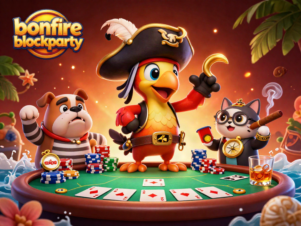Experience the excitement of bonfireblockparty with vibrant characters at a poker table surrounded by chips and cards.