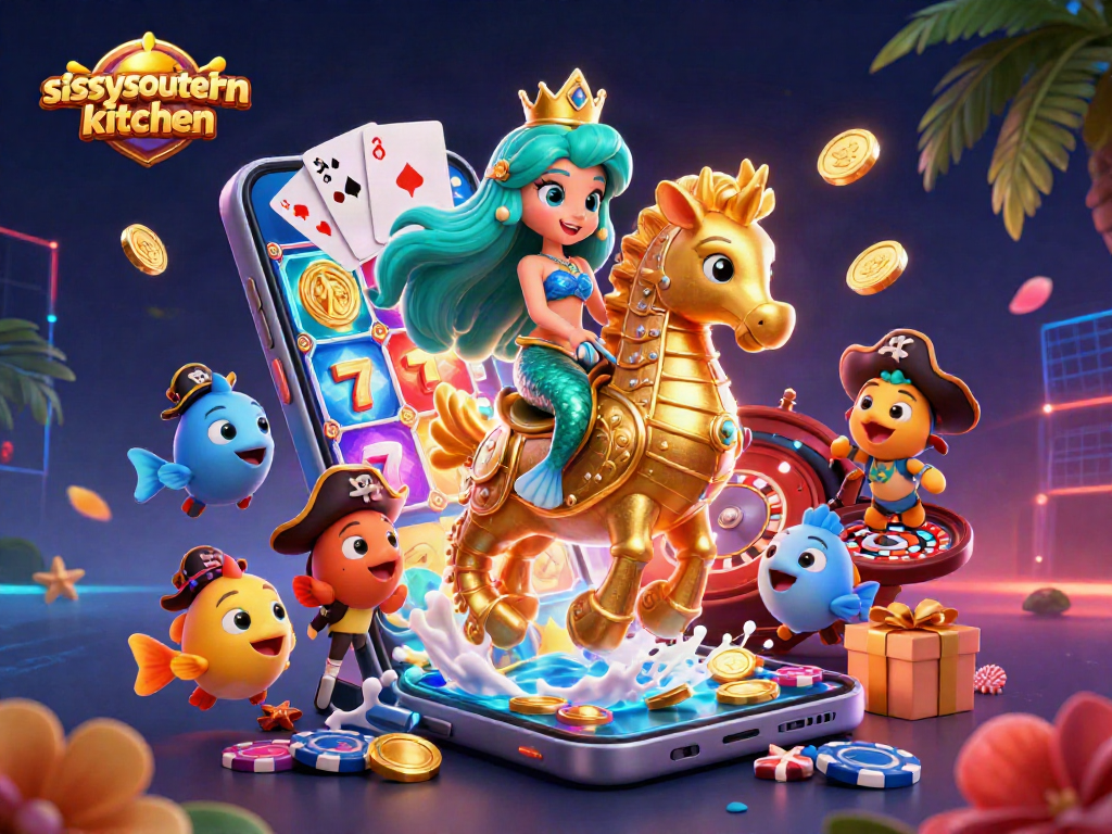 Sissy's Southern Kitchen brings excitement with vibrant 3D casino illustrations showcasing slot games and lucky sevens.